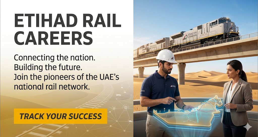 Etihad Rail Careers thumbnail featuring the official logo and text: "Apply for National Railway Job Vacancies in UAE.