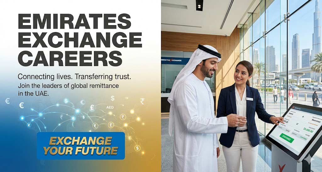 Emirates Exchange Careers recruitment banner for finance and teller positions in Dubai.